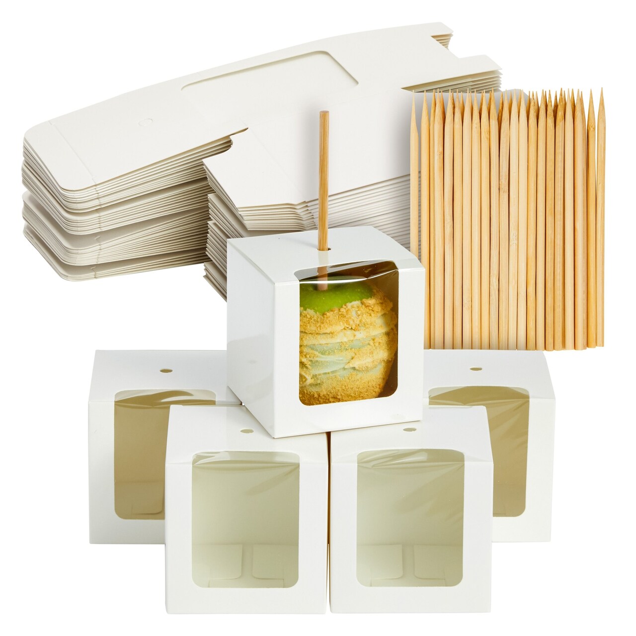 40 Pack Clear Candy Apple Boxes, 3x3x3 with Hole and Sticks for Birthday Party Supplies, Wedding Favors, Baby Shower